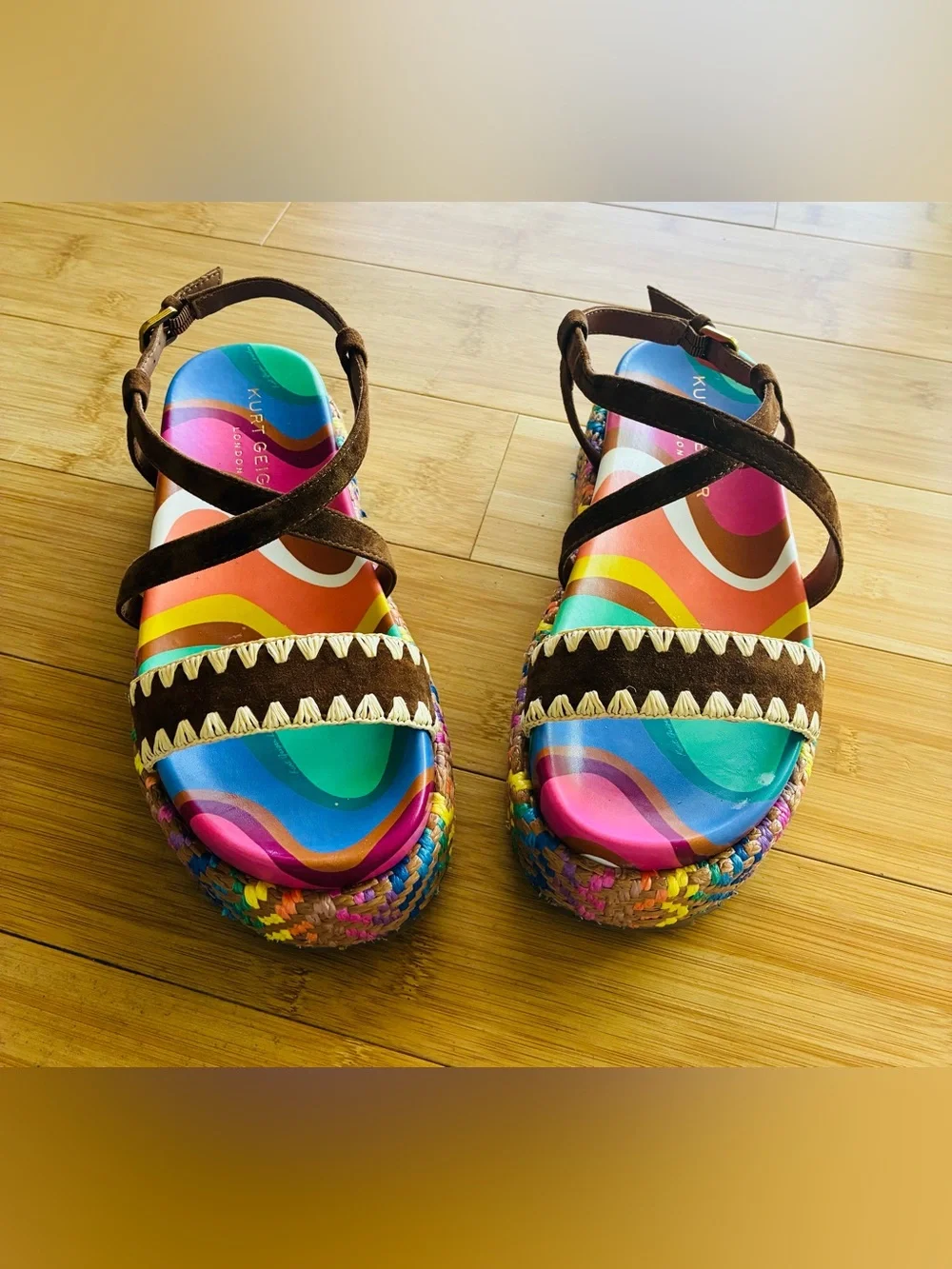 Kurt Geiger Brown Suede Multicolor Platform Sandals Raffia